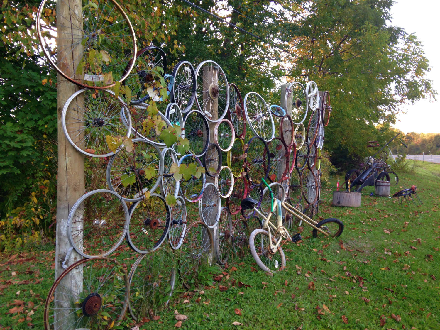 Bicycle Art and Yard Sculptures - Palmyra, NY side view of wheel fence