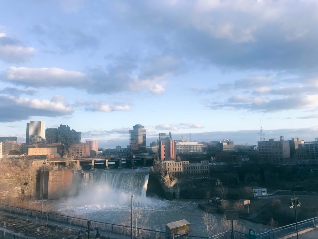 High Falls in Rochester, New York, Monroe County as seen from the Genesee Brew House