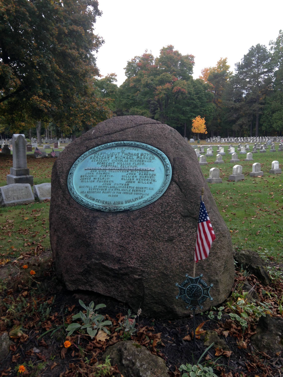 Memorial Stone in Mt. Hope Cemetery in Rochester, NY for all those who died in the ambush