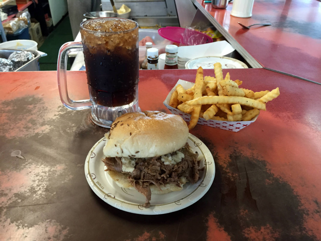 Beef On Weck and French Fries with a Root Beer in a Frosted Mug at the Pok-A-Dot in Batavia, NY