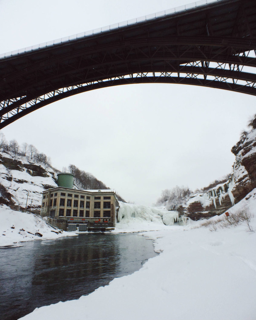 Lower Falls Gorge and Driving Park Bridge and Rochester Gas and Electric during Winter