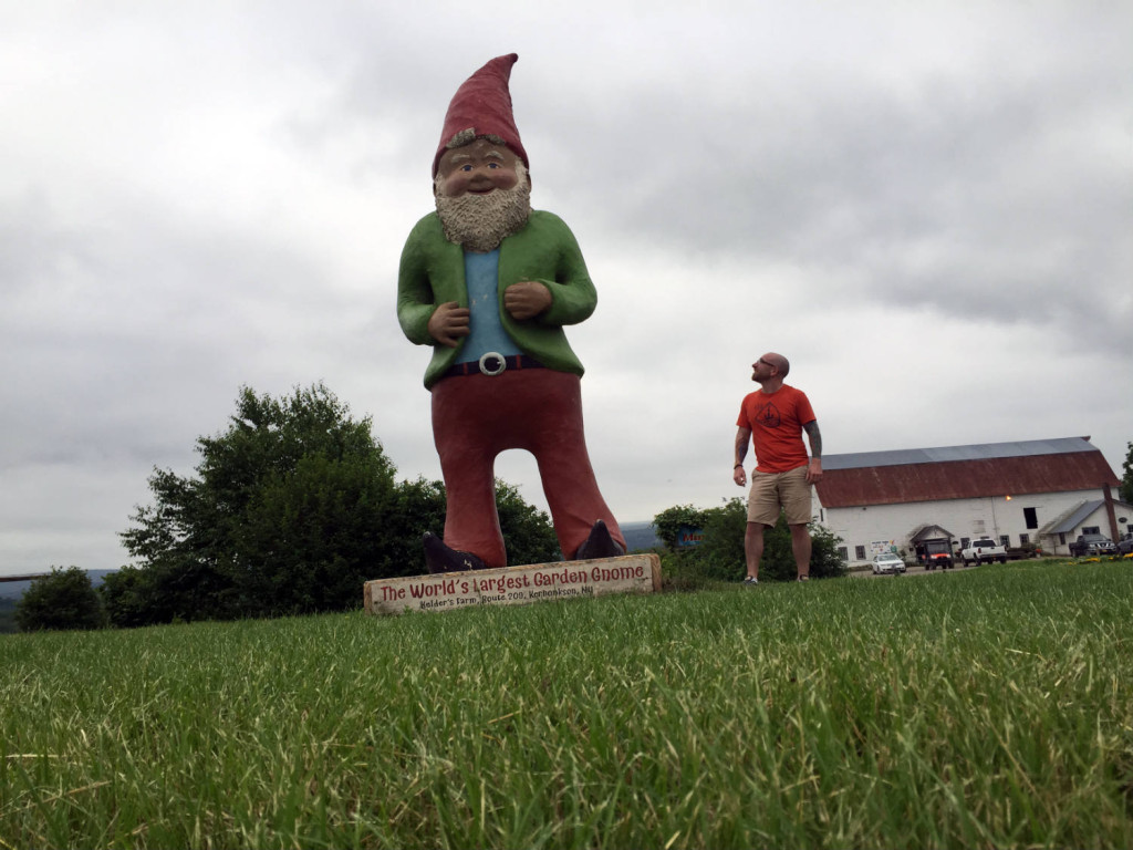 World's Largest Garden Gnome and Chris Clemens at Kelder's Farm in Kerhonkson, New York