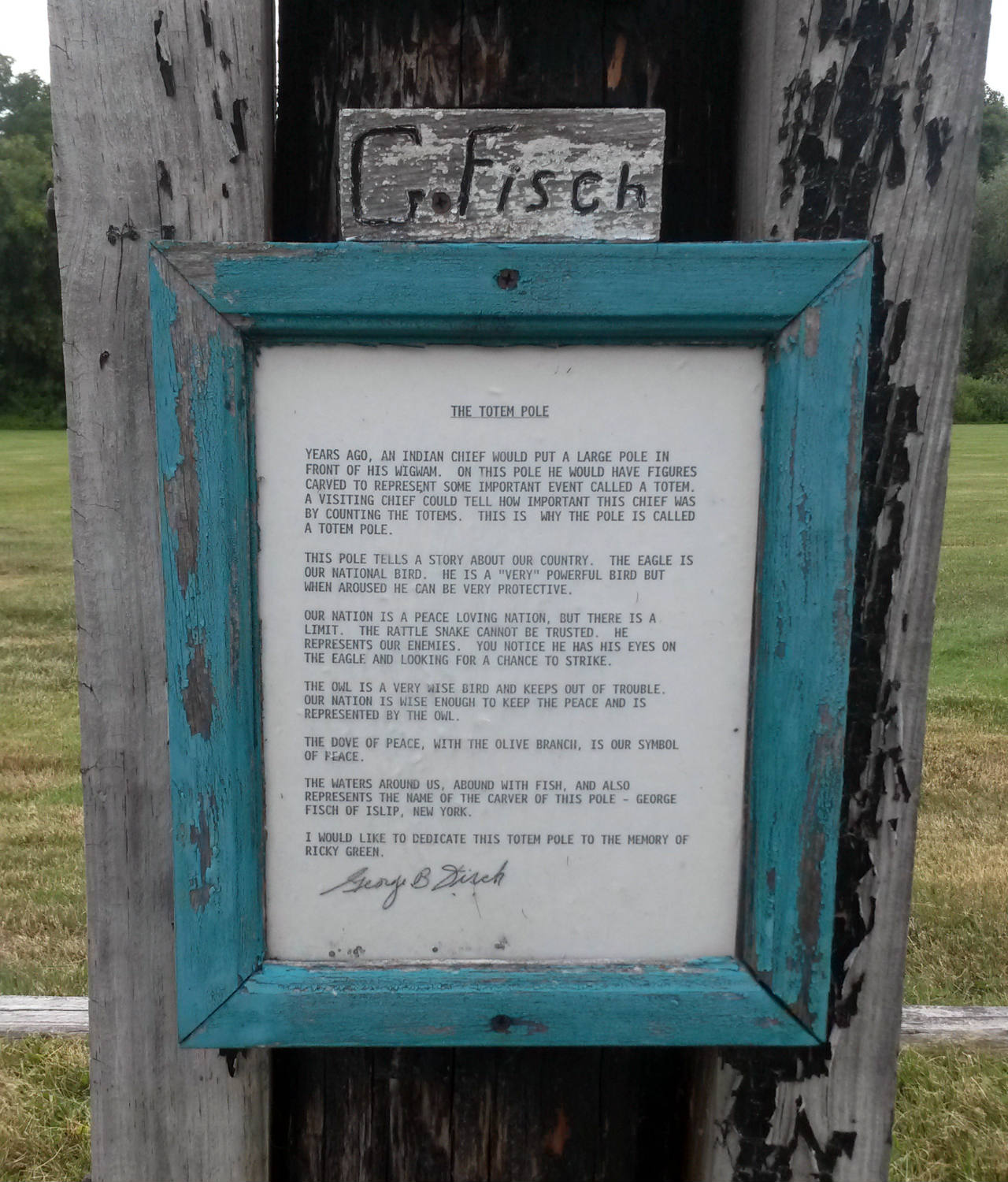Totem Pole Plaque in Ricky Greene Memorial Park in Conesus