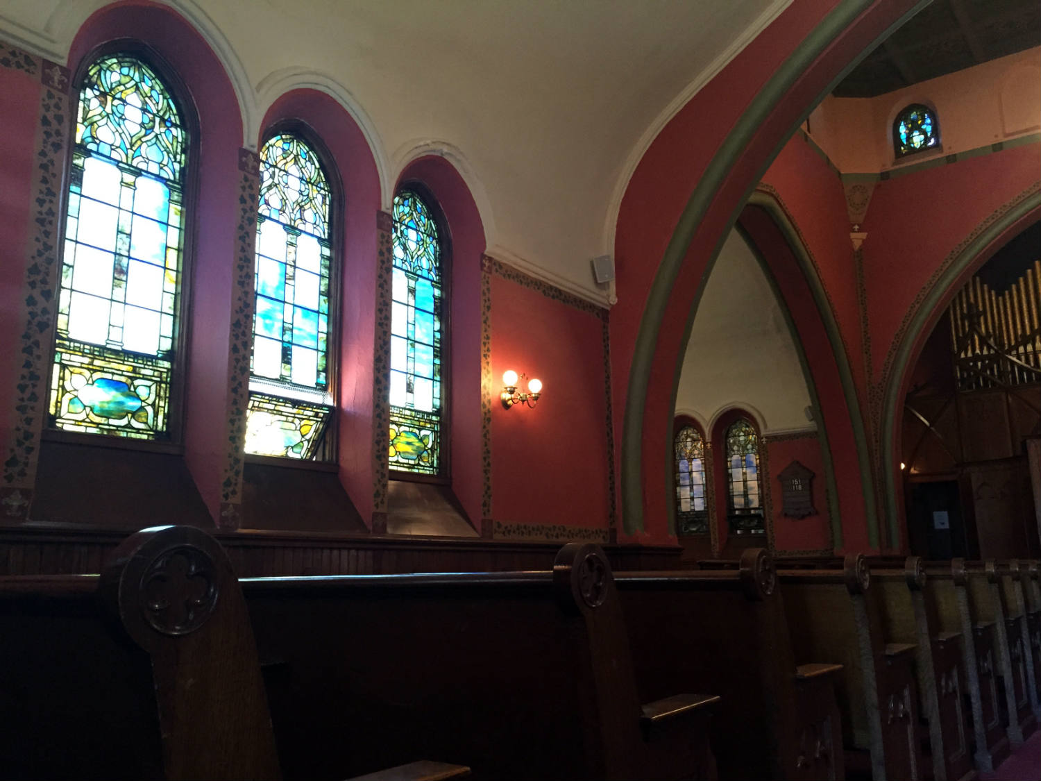 Windows and Pews in the Pullman Memorial Universalist Church in Albion