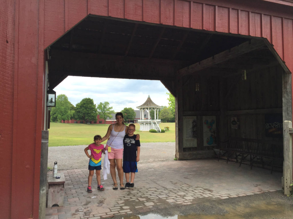 Sarah White of Mindfully Frugal Mom and kids at the Genesee Country Village and Museum in Mumford, NY