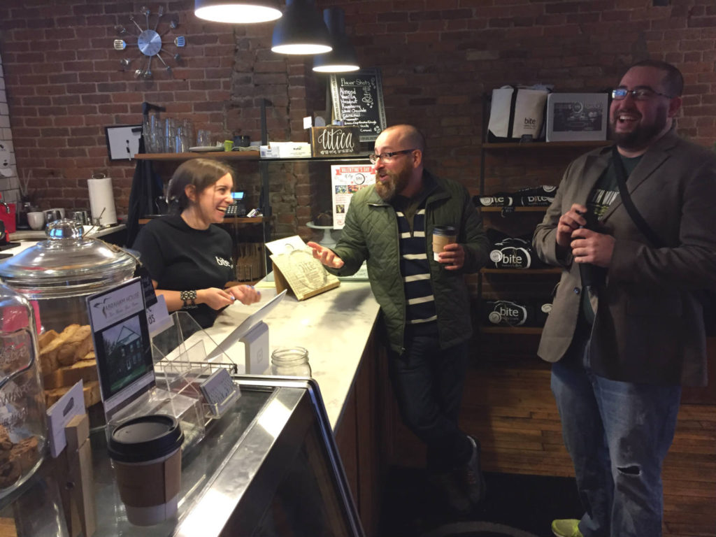 Chatting at Bite Bakery in Utica, New York