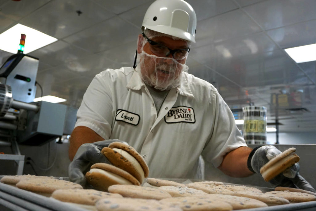 Putting the Cookiewich on a Conveyor at the Byrne Dairy Ice Cream Center in Syracuse, New York