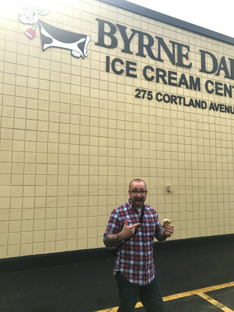 Chris Clemens Eating a Cookiewich at Byrne Dairy in Syracuse, New York