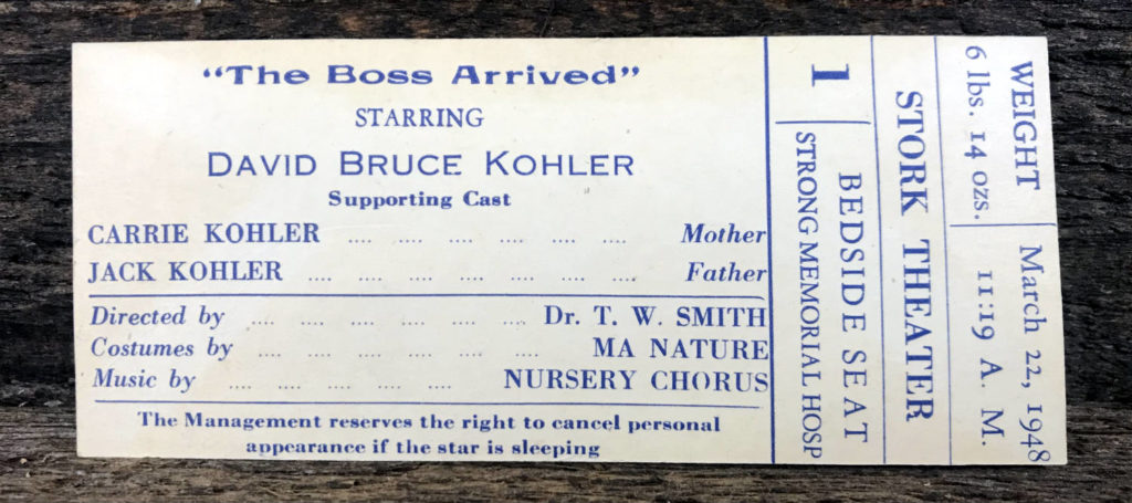 Birth Announcement as Theatre Ticket from Rochester, NY 1948