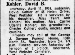 David Bruce Kohler Obituary from Democrat and Chronicle, Published April 12, 1974