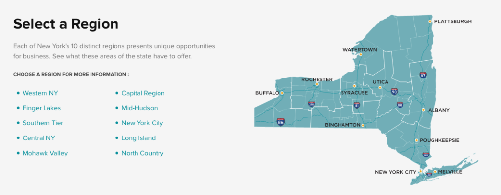 New York State Economic Development map of Upstate NY Regions