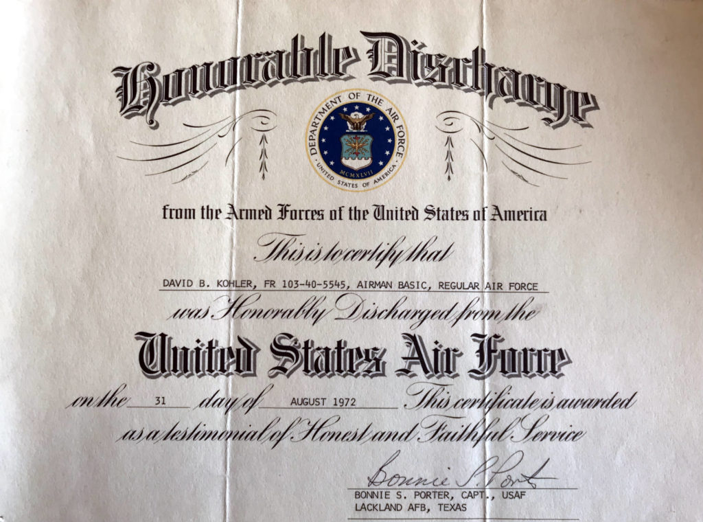 David Bruce Kohler Honorable Discharge Papers 1972