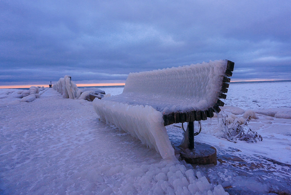 Frozen Bench at Webster Park on Lake Ontario