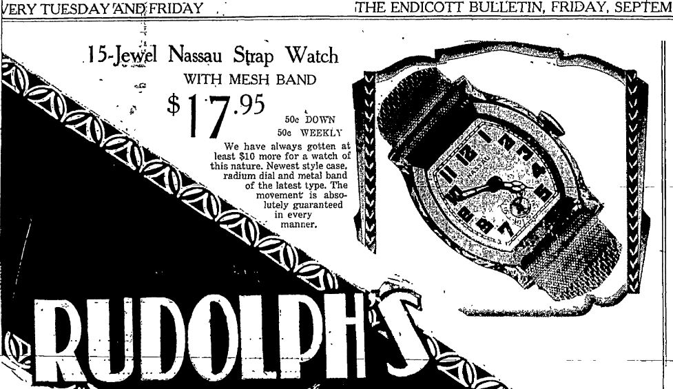 Rudolph's Watch Ad in Endicott Bulletin