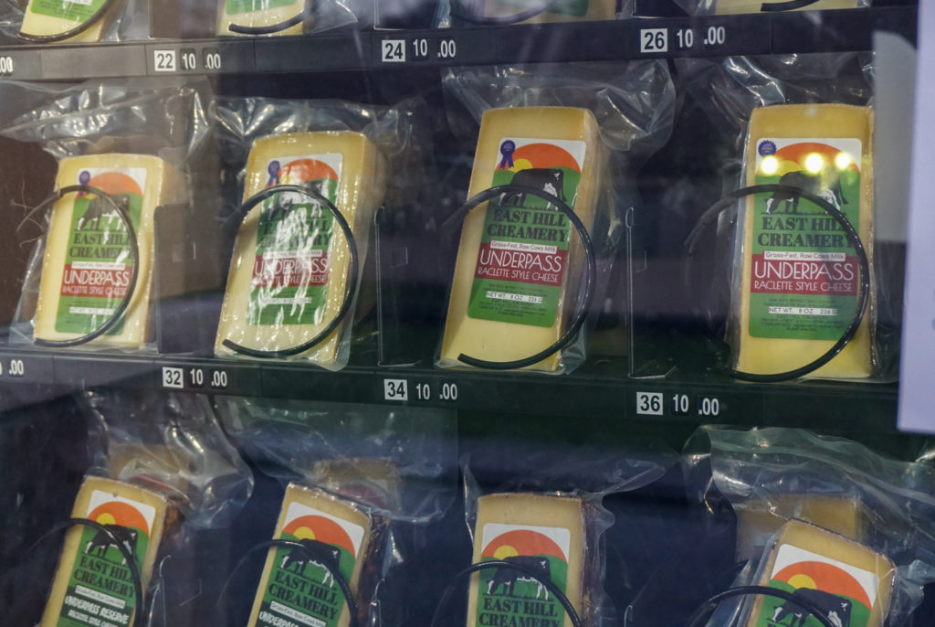 Inside the East Hill Creamery cheese vending machine in the town of Perry in Wyoming County, New York