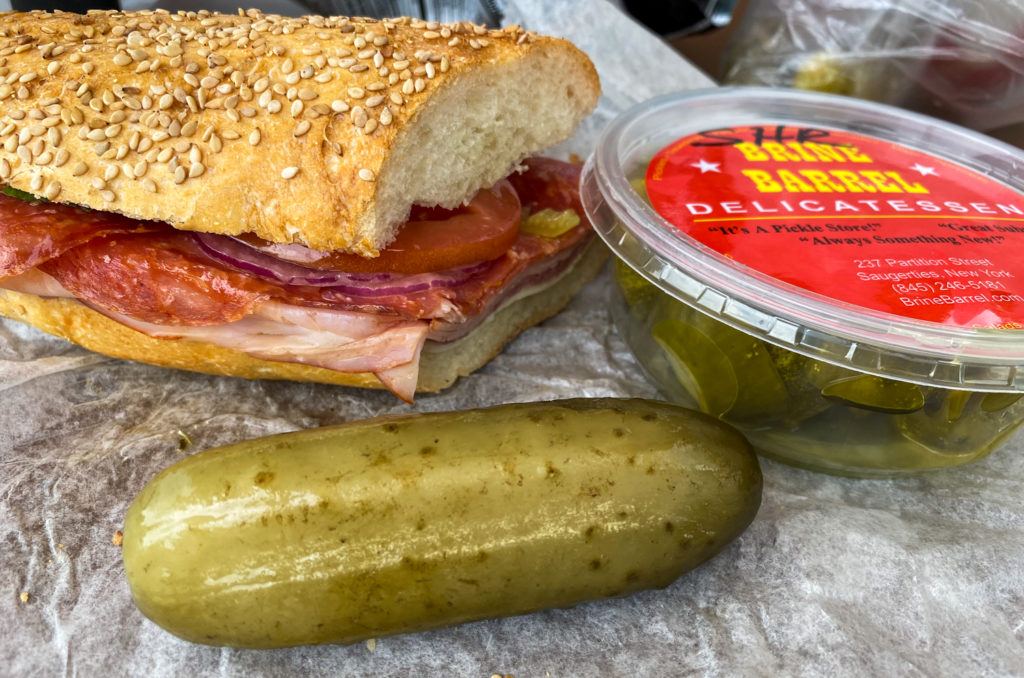 Sandwich and Pickle from the Brine Barrel in Saugerties